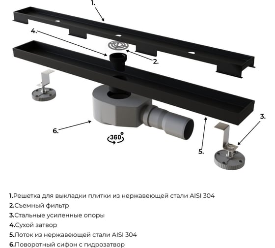Душевой трап RGW прямой, 600 мм, черный, Ø 50 мм, сифон + ножки, под плитку SDR-08B-60 21210860-014