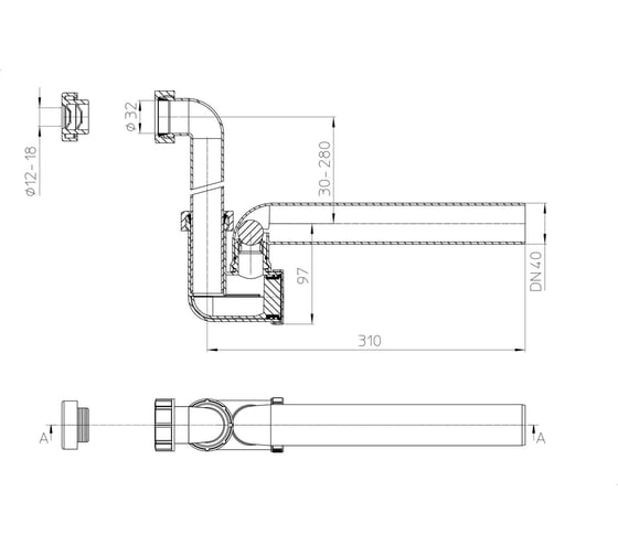 Сифон с прочисткой HL с запахозапирающим устройством, DN40 136N