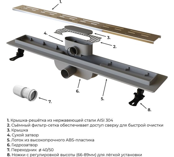 Душевой лоток RGW Drain Leo-10-80 прямой 800, хром, Ø 40 мм, на ножках 60211080-01