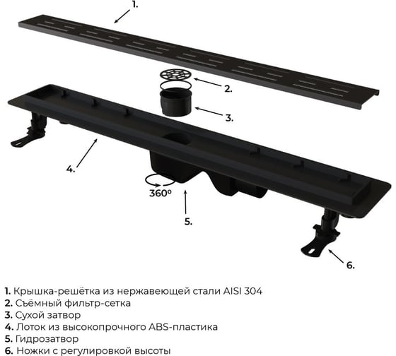 Душевой лоток RGW Drain Leo-30-60 прямой 600 черный Ø 50 мм на ножках, сифон 60213060-04