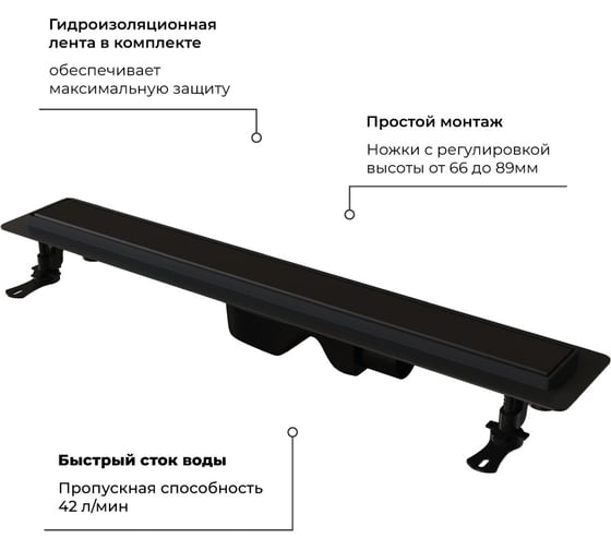 Душевой лоток RGW Drain Leo-31-40 прямой 400 черный Ø 50 мм, на ножках, сифон 60213140-04