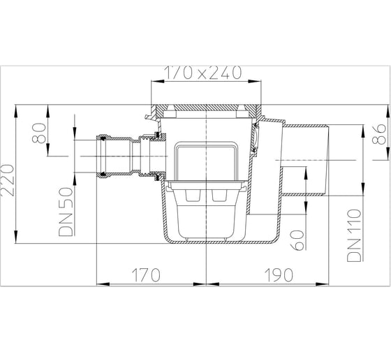 Трап HL с решеткой из ABS 170x240 мм, с грязесборником, DN 110/50 71.1/50