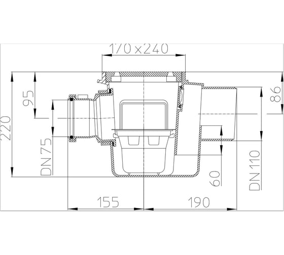 Трап HL с решеткой из ABS 170x240 мм, с грязесборником, DN 110/75 71.1/7