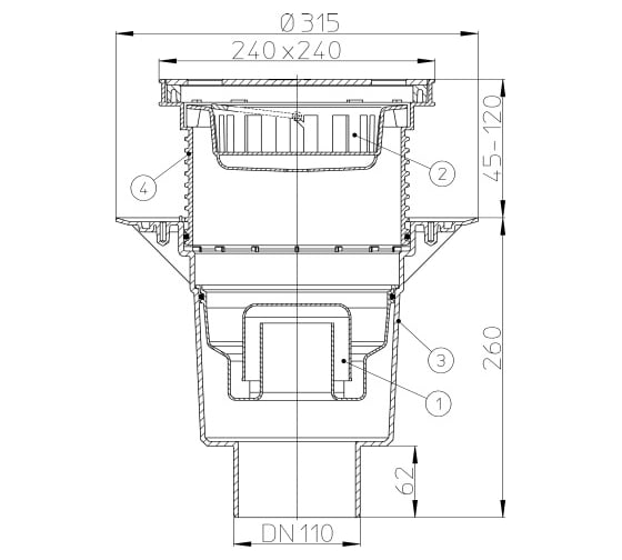 Дворовый трап HL (верт. выпуск), решетка из нерж. стали HL 616SW/1