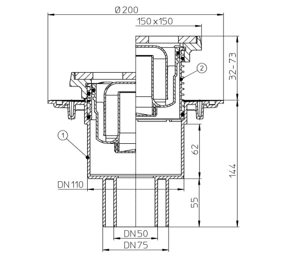Трап HL с вертикальным выпуском DN50/75/110 c чугунной решеткой (1,5 т) HL 310NG