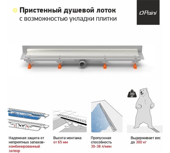 Душевой лоток Paini с рамкой Klasik 650 мм D40, монтаж к стене, хром глянец 61136