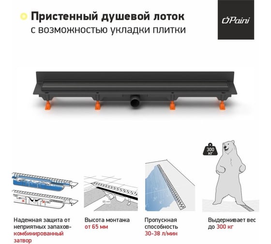 Душевой лоток Paini Klasik 650 мм D40, монтаж к стене, черный матовый 61139