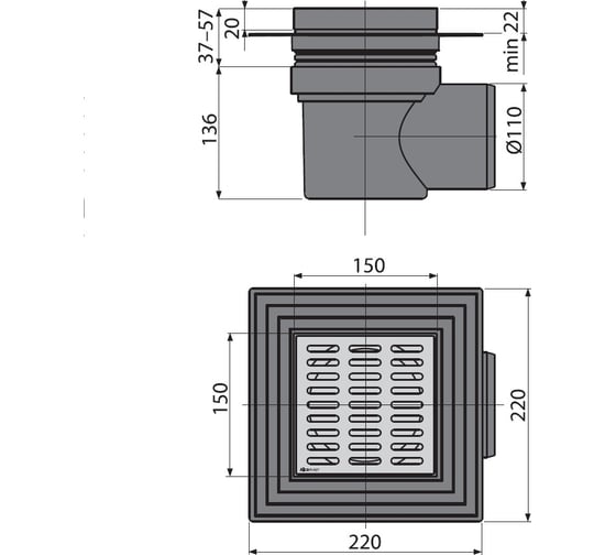 Сливной трап Alcadrain APV12 150х150 110, подводка – боковая 00028457