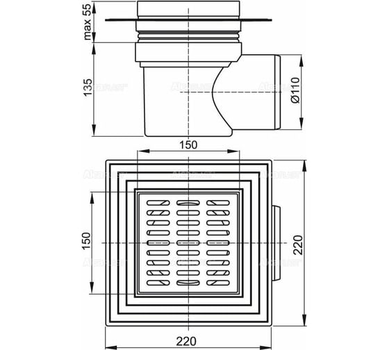 Сливной трап Alcadrain APV12 150х150 110, подводка – боковая 00028457