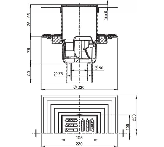 Сливной трап Alcadrain APV2324 105х105 50, подводка – прямая 00023919