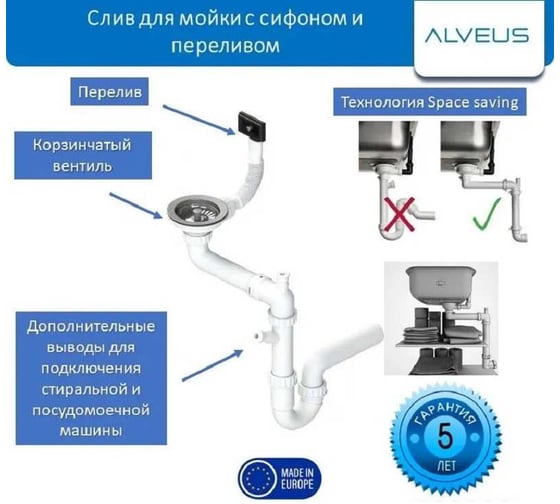 Одинарный сифон ALVEUS для мойки FI 114, c переливом ECO, NEW 1130550