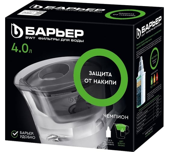 Фильтр-кувшин БАРЬЕР Чемпион 4 л, зеленый + кассета БАРЬЕР Жесткость, защищает от накипи, В642Р73