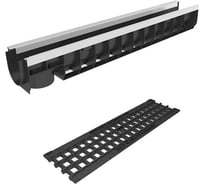 Лоток водоотводный пластиковый усиленный Gidrolica DN100, высота 138 мм, с чугунной ячеистой решеткой и металлическим крепежом в комплекте класс С250 8004507