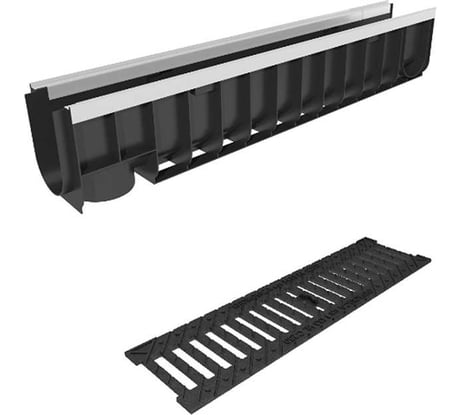 Лоток водоотводный пластиковый усиленный Gidrolica DN100, высота 187 мм, с чугунной щелевой решеткой и металлическим крепежом в комплекте класс С250 8024506