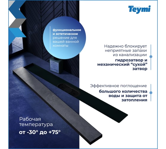 Душевой трап с комбинированным гидрозатвором Teymi Aina Prime черный, 60 см, под плитку T90010 ЦБ-00270398