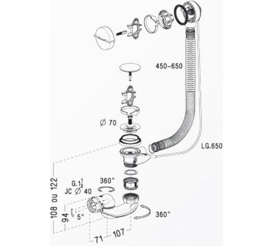Слив-перелив для ванны Nicoll 650 мм, полуавтомат EB07-0203611