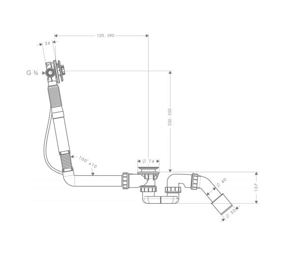 Скрытая часть излива на ванну с набором для слива и перелива Hansgrohe 58116180 Exafill S 00057296