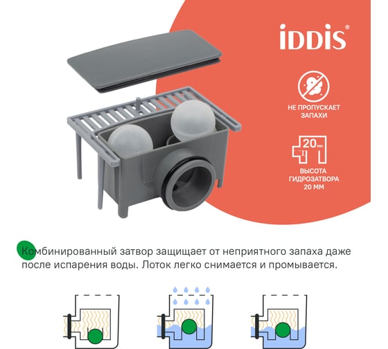 Лоток душевой IDDIS горизонтальный выпуск, комбинированный затвор, перфорированная решетка, 700мм, хром, 975A7SB10DZ