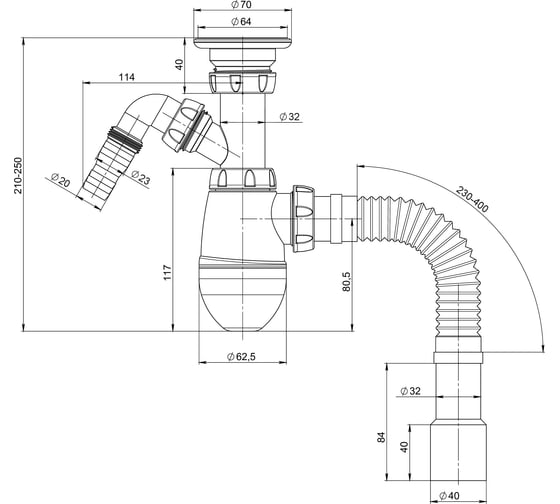M320V Сифон для тюльпана, умывальника прикручивающийся выпуск 1 1/4" (Ø 32) отводом для стиральной Unicorn М320V