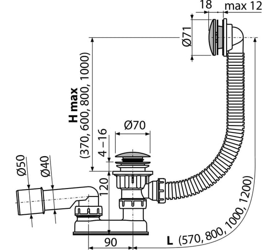 Сифон для ванны Alca Plast CLICK/CLACK, металл A504CKM-80
