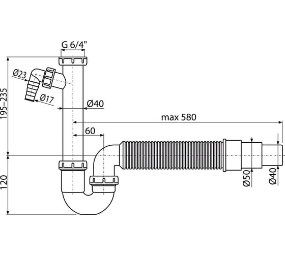 Трубчатый сифон Alca Plast с накидной гайкой 1 1/2" со штуцером и гофрой A83-DN50/40