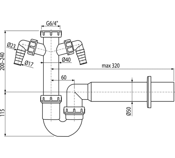 Трубчатый сифон Alca Plast с накидной гайкой 1 1/2" и двумя штуцерами A82-DN50