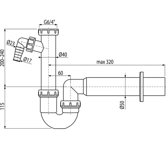 Трубчатый сифон Alca Plast с накидной гайкой 1 1/2" и штуцером A81-DN50