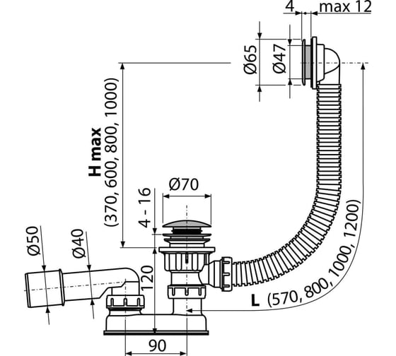 Сифон для ванны Alca Plast CLICK/CLACK, металл A505CKM-100