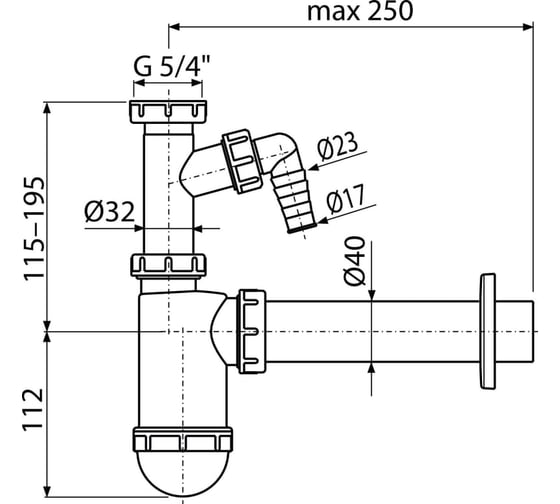 Сифон для умывальника Alca Plast DN40, со штуцером и накидной гайкой 1 1/4" A43P
