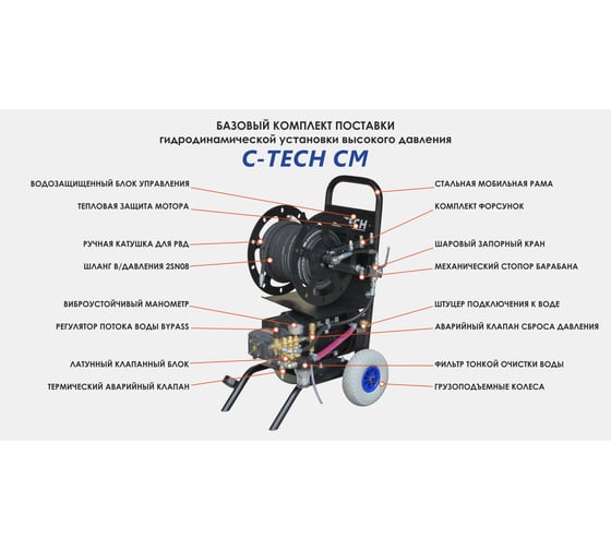 Установка для прочистки канализации C-TECH CM1814 (180 бар, 840 л/ч, 4 кВт, 380 В) электрическая мобильная CM1814ET1E4BP2A1D1FMTP3
