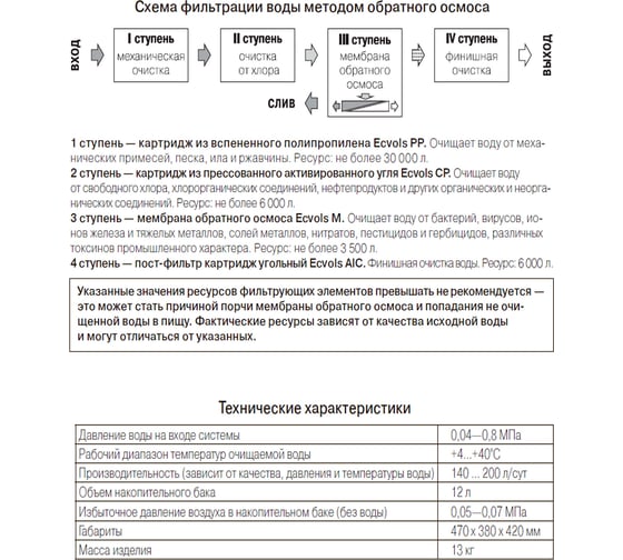 Обратный осмос Ecvols RO-50 4 ступени очистки, без помпы и минерализатора, бак, 150 л/сутки 00.00006141