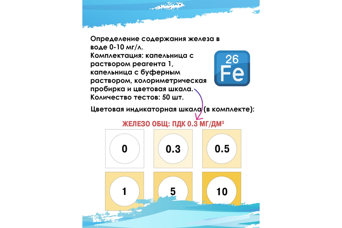 Тест-система Ecvols Fe для определения содержания железа в воде 0-10 мг/л,  50 тестов 02.00010409