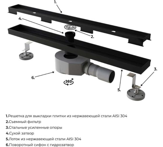 Душевой трап RGW SDR-08B-70 прямой, 700 мм, черный, 50 мм, сифон + ножки 21210870-014