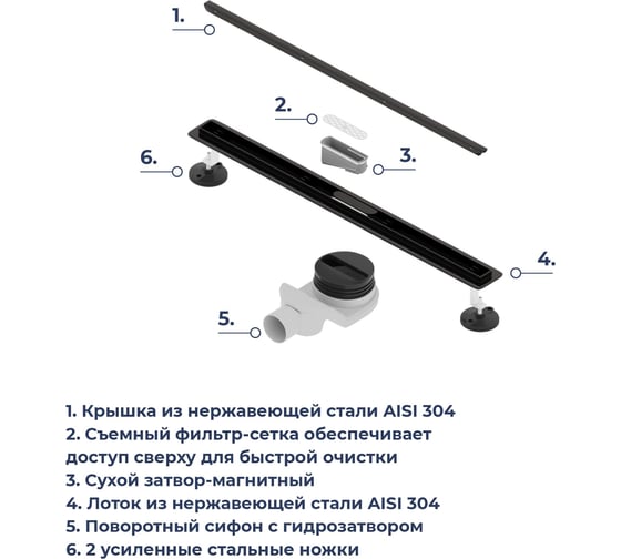 Душевой трап RGW SDR-54B-60 однолинейный щелевой 600 Черный O 50 мм сифон + ножки, под плитку 79215460-04