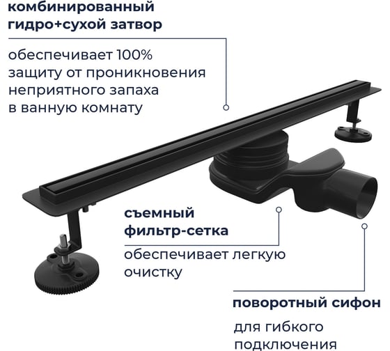 Душевой трап RGW SDR-54B-80 однолинейный щелевой 800 Черный O 50 мм сифон + ножки, под плитку 79215480-04