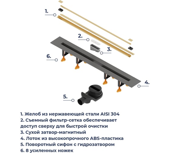 Душевой трап RGW SDR-55Gb-120 щелевой 1200 Золото браш O 50 мм сифон + ножки 79215512-06