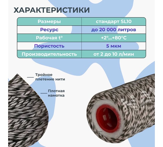 Картридж двухслойный обезжелезивающий, для катионного обмена, механической очистки, антибактериального действия NAWATER SL10 (Slim Line 10) 254x63мм, 5мкм 65860