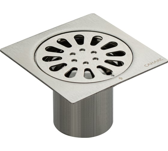 Трап Санакс 100 х 100 мм, выход 50 мм вертикальный, перфорированная крышка, из нержавеющей стали, с гидрозатвором, цвет САТИН. 1190 1