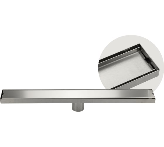 Трап линейный Санакс 600 х 70 мм, нержавеющая сталь, вертикальный выпуск 50 мм, крышка литая, двухсторонняя, с возможностью вставки плитки, с гидрозатвором, цвет САТИН. 30034 1