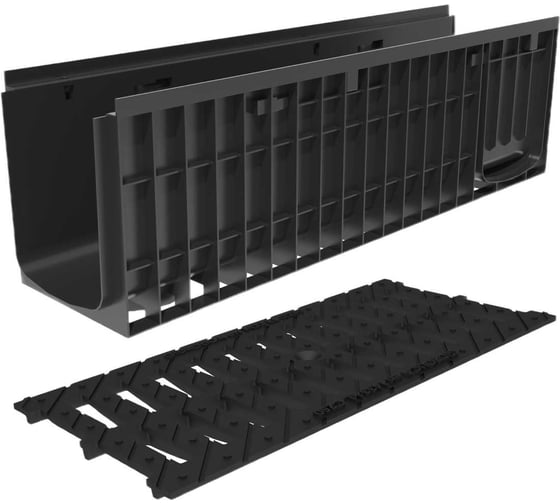 Лоток водоотводный пластиковый Gidrolica Pro H301 с решеткой чугунной щелевой и крепежом кл.С250 823524 1