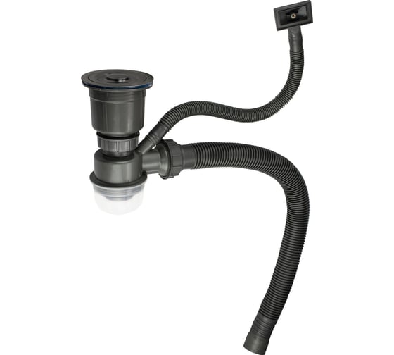 Сифон для мойки FABIA, большая горловина с переливом, ГРАФИТ, с отводом под сливной шланг и со съёмной корзинкой для мусора 8734