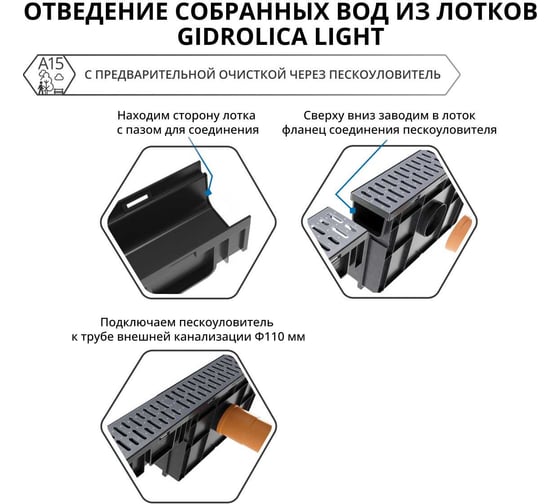 Пескоуловитель для пластиковых лотков Gidrolica 500x116x320 мм со стальной оцинкованной решеткой 080068