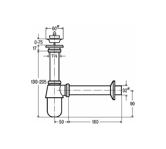 Бутылочный сифон Viega 1 1/4"х32х150 мм, с пробкой, хром 456580