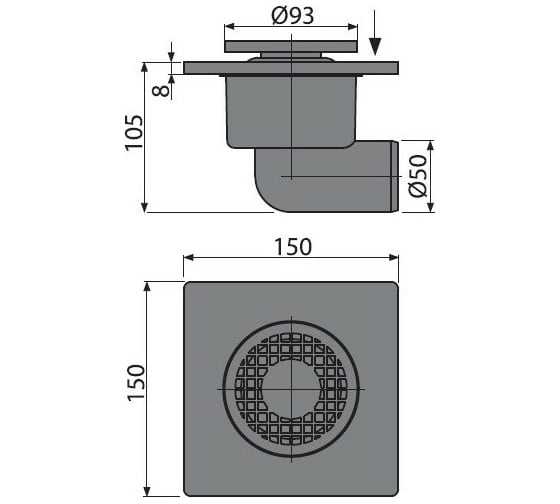Сливной трап Alca Plast 150х150/50 мм боковой сток, решетка серая, гидрозатвор мокрый APV3