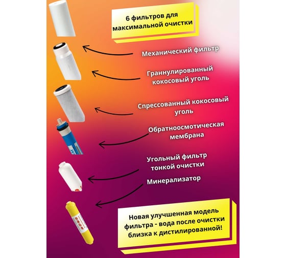 Фильтр для воды Аурус под мойку c краном питьевой воды проточный жесткой очистки, обратный осмос встраиваемый комплект 6 ступеней, кухонный и накопительный RF-1 34