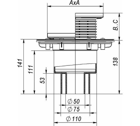 Сливной трап Fachmann T 310.1 PNsB 145x145 регулируемый, с гидрозатвором, вертикальный выпуск 04.024