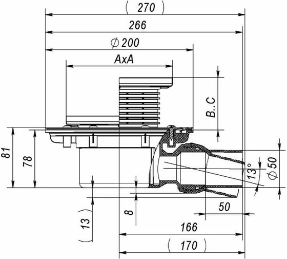 Сливной трап Fachmann регулируемый с сухим затвором T 520.1 SDsP 125x125 горизонтальный шарнирный 04.080