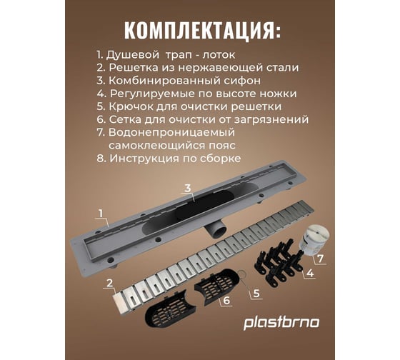 Комбинированный пластиковый сливной канал Plastbrno решетка из нержавеющей стали 5, L=650 SZA5650