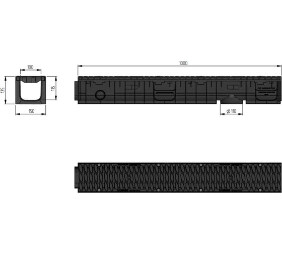 Лоток Aquastok ЛВП Master DN100 H135 B125 1000x148x135 с пластиковой решеткой (комплект) (110131) 549070