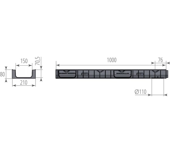 Лоток Aquastok ЛВП Norma DN150 H80 C250 1000x210x80 (11508) 549087